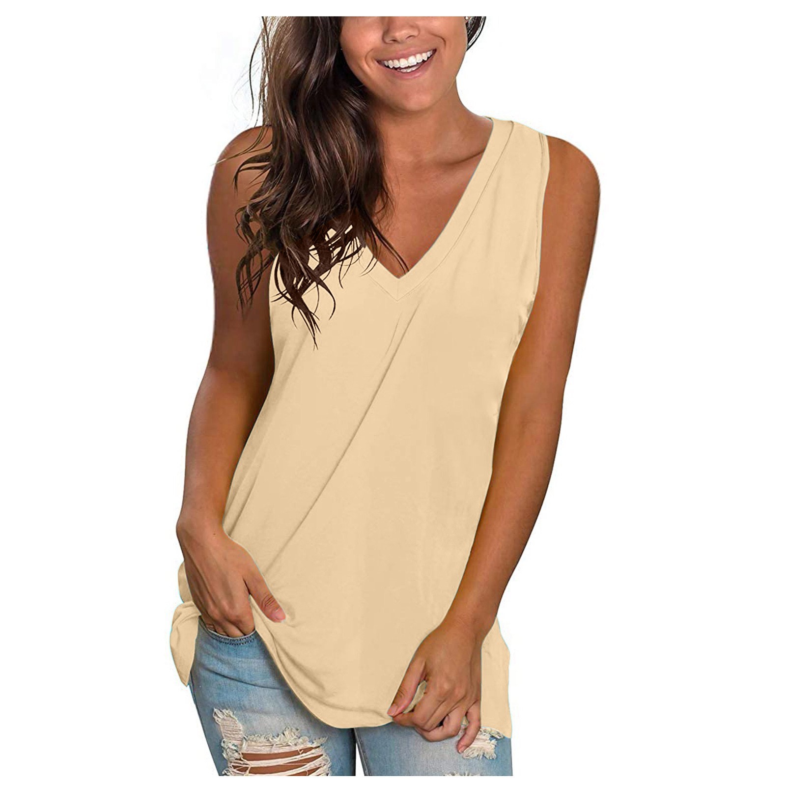 Olyvenn Summer Womens Tunic Tank Tops Shirts Trendy 2023 Sleeveless Shirts Casual Solid Tees Trendy V-Neck Bodysuit Beach Relaxed Loose Fit Flowy Dressy Camis Stretch Workout Beige 12